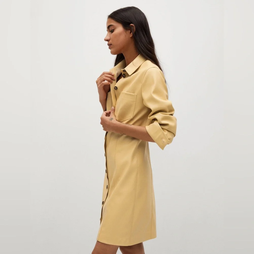 Mango Yellow Faux Leather Shirt Dress sz 2 - Picture 5 of 12